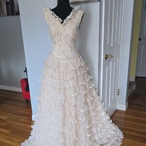 Ivory Beaded Ruffled Gown